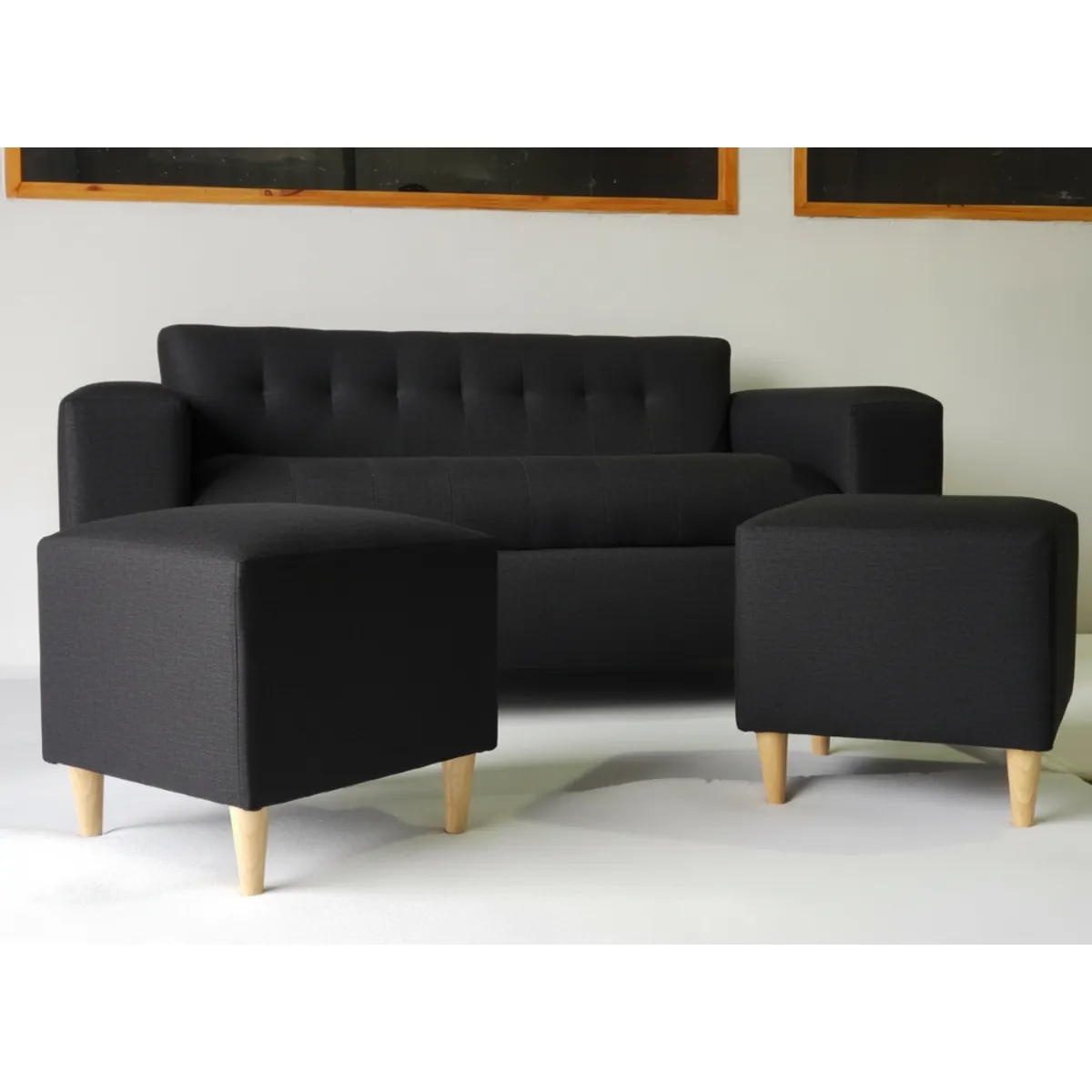 MUEBLES NEW - SOFA DOS CUERPOS MAS DOS PUFF NEGRO LINO