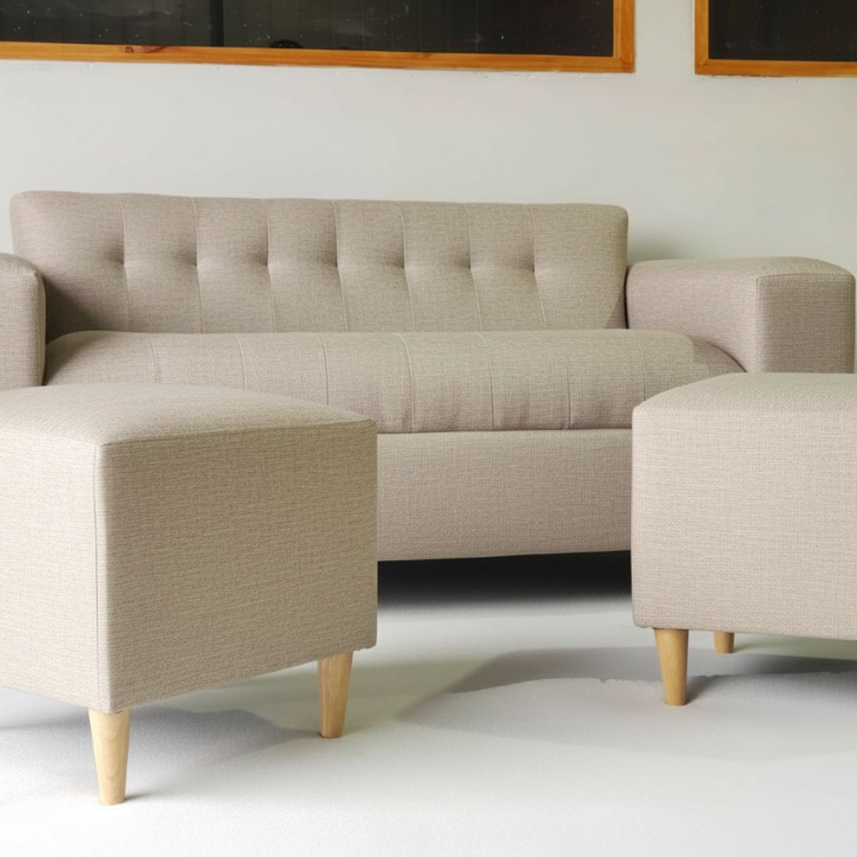 MUEBLES NEW - SOFA DOS CUERPOS MAS DOS PUFF BEIGE LINO