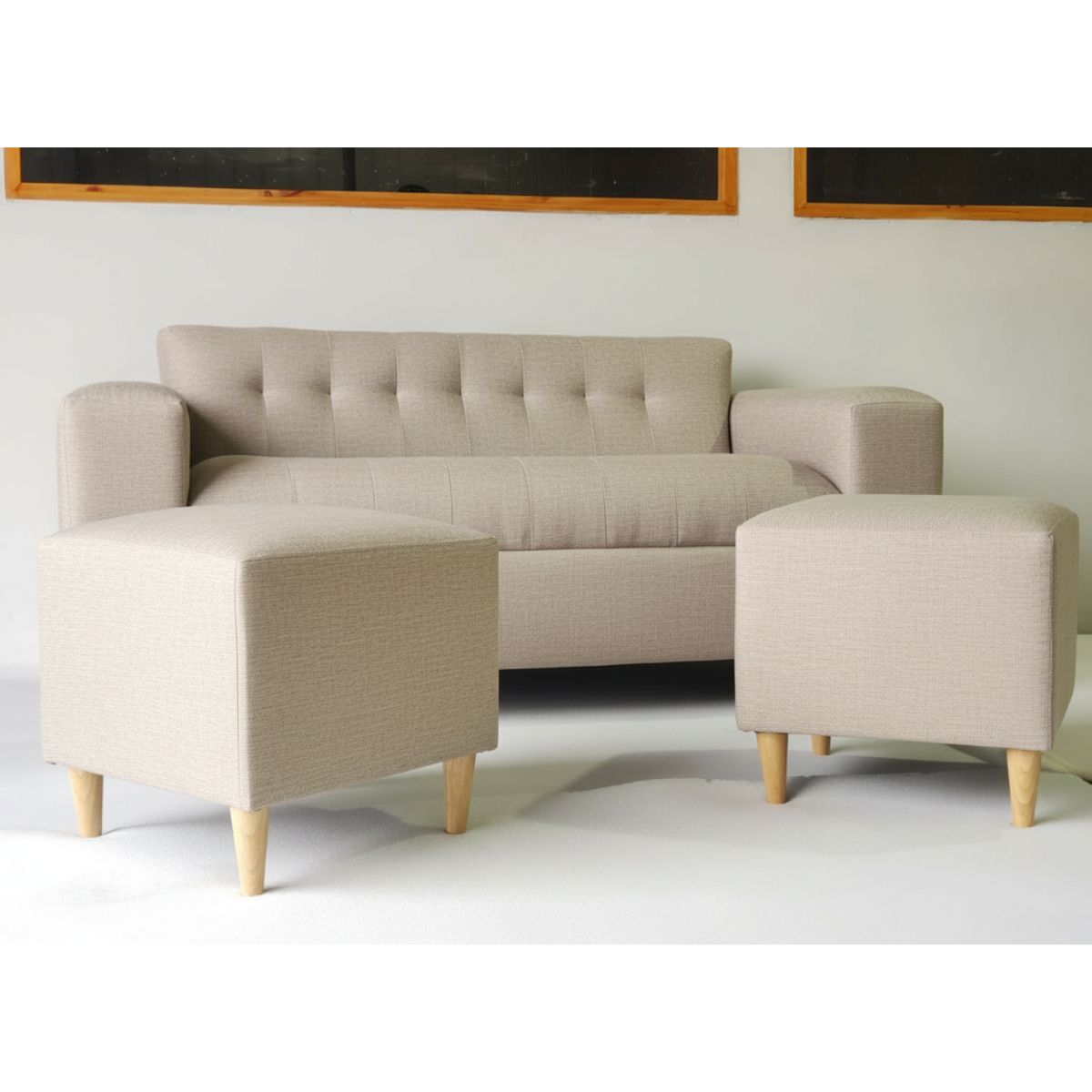MUEBLES NEW - SOFA DOS CUERPOS MAS DOS PUFF BEIGE LINO
