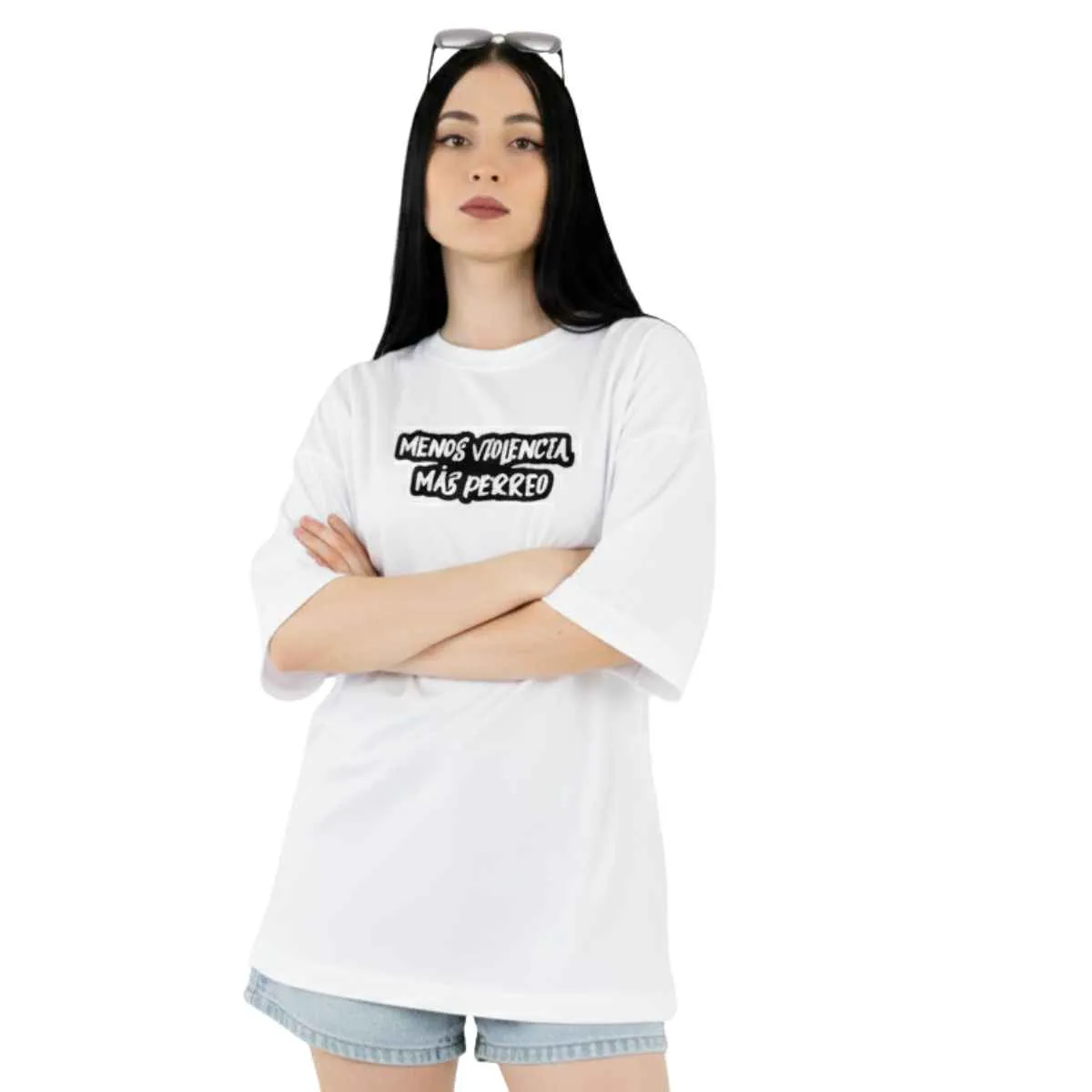 TRIPLE PLAY - Polera Oversize Dama 100% Algodón menos violenca mas perr3o frase