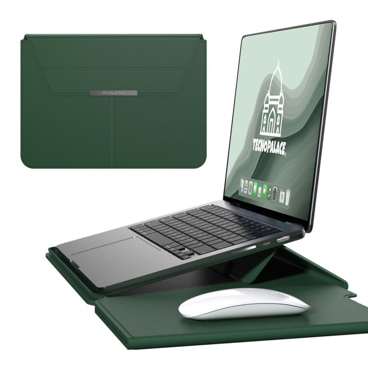 GENERICO - Funda Bolso Para Notebook Macbook Con Soporte Plegable 15"  / 16"  - Verde Oscuro
