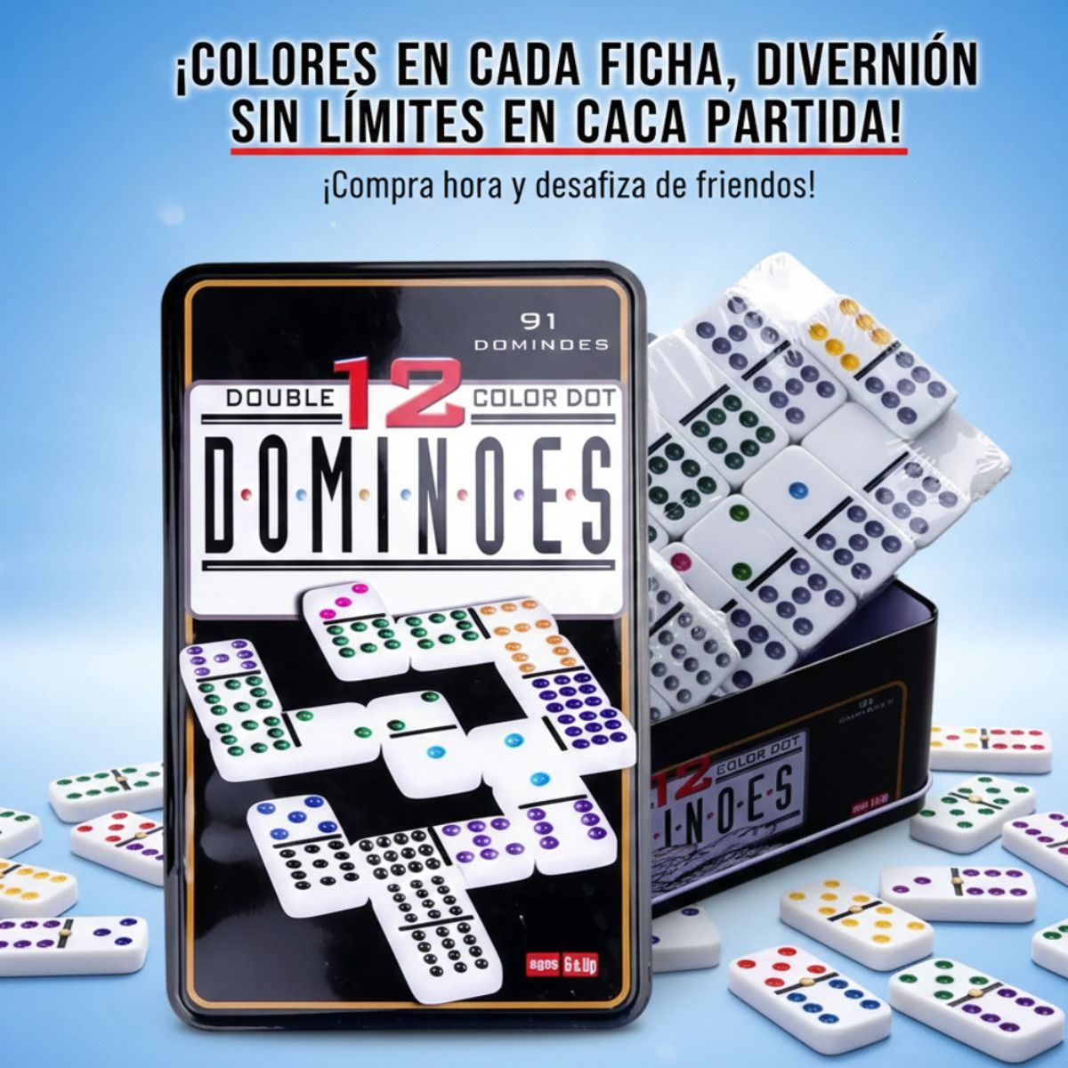 MOVI - Juego Dominó Chancho 12 con Puntos de Color – Set de 91 Fichas en Lata Premium