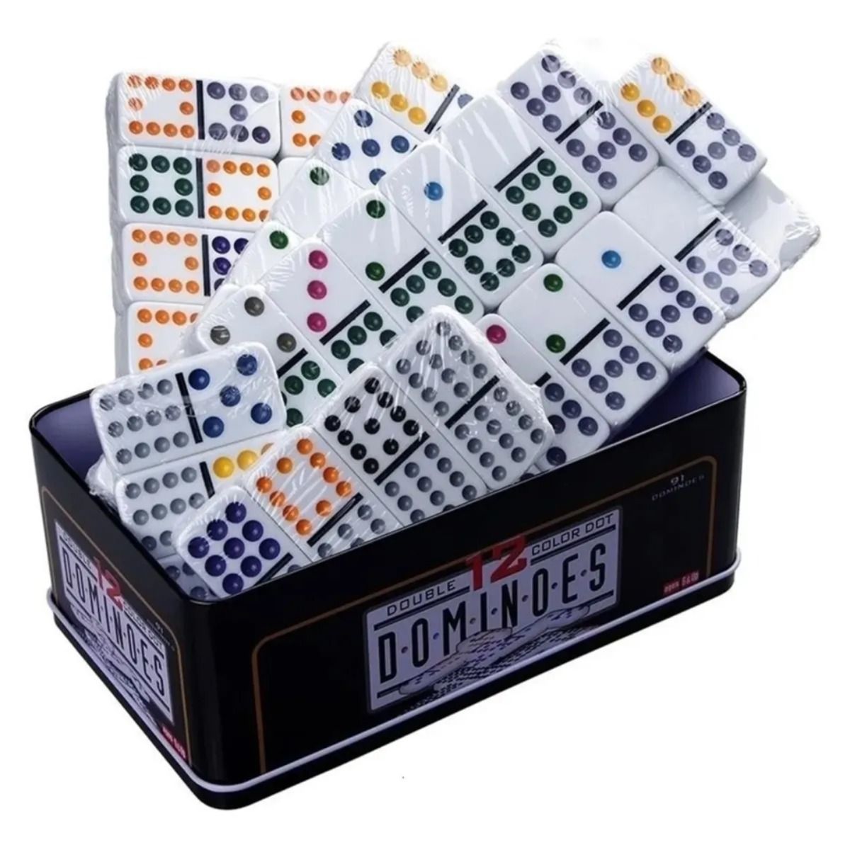 MOVI - Juego Dominó Chancho 12 con Puntos de Color – Set de 91 Fichas en Lata Premium