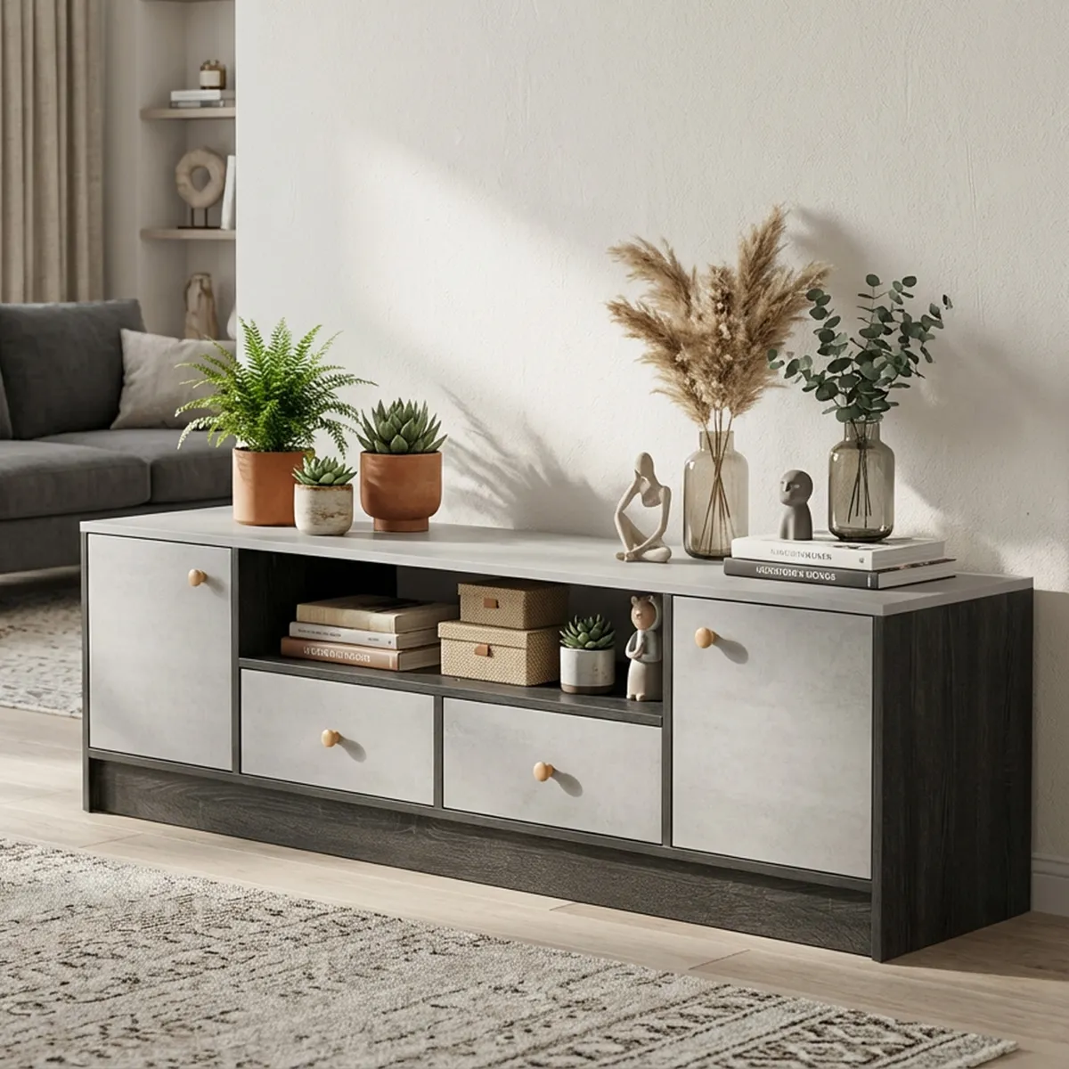 ROHE - Rack TV 55" 140*30*40 cm Gris Negro ROHE con 2 Cajones MDF