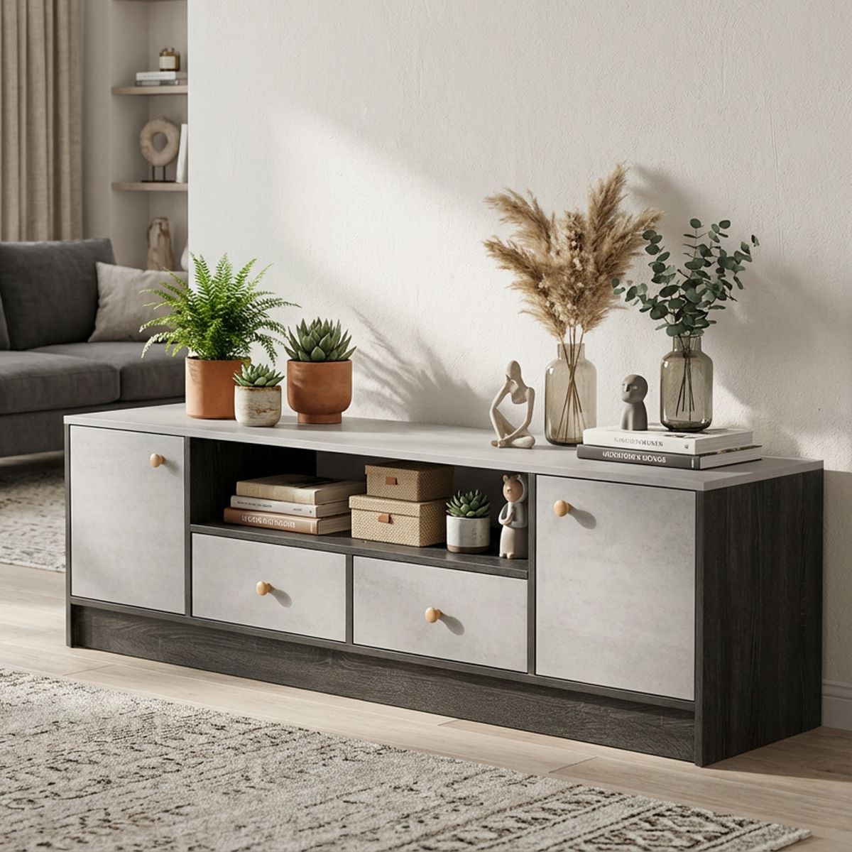 ROHE - Rack TV 55" 140*30*40 cm Gris Negro ROHE con 2 Cajones MDF