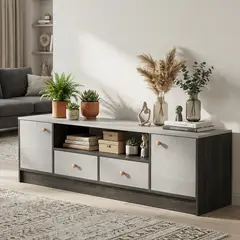 ROHE - Rack TV 55" 140*30*40 cm Gris Negro con 2 Cajones MDF