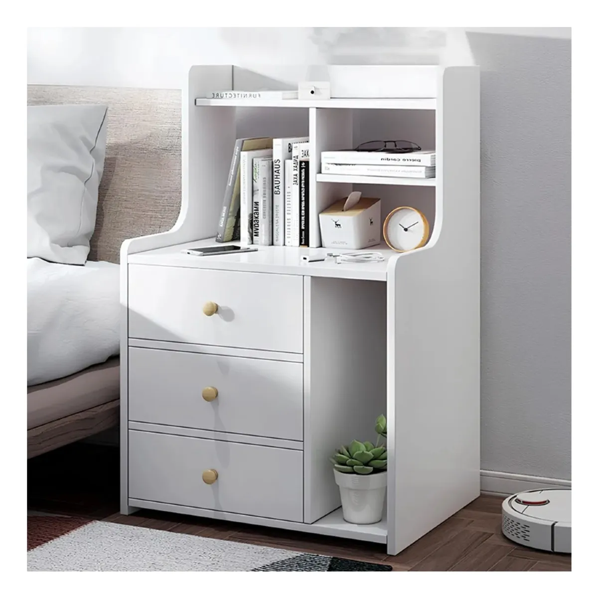 ANYHOGAR - Velador 3 Niveles Con Cajones Color Blanco 48x30x70cm Mate