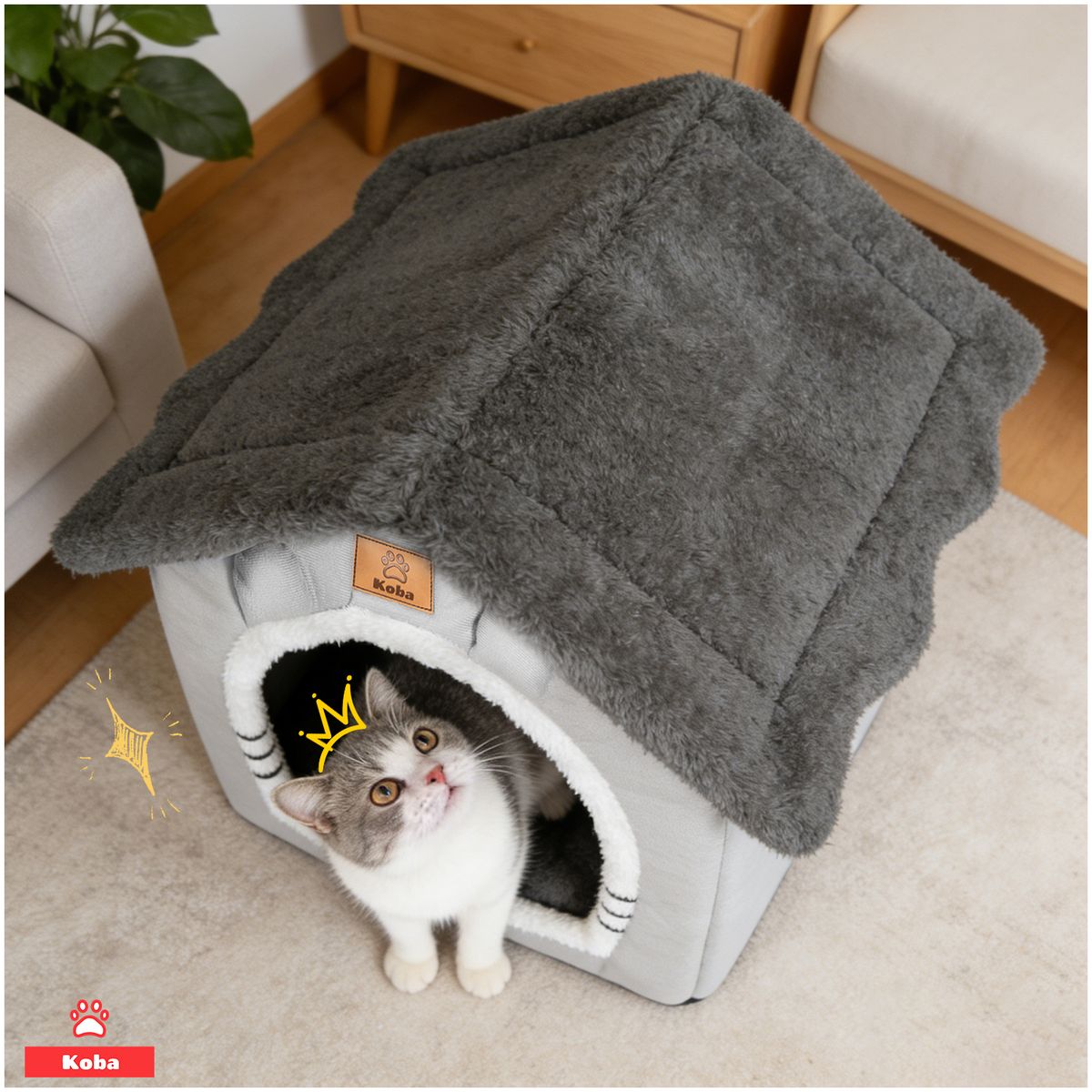 KOBA - Casa Iglu Para Mascota Cama Gatos Michis Con Cojín Lavable Color Gris