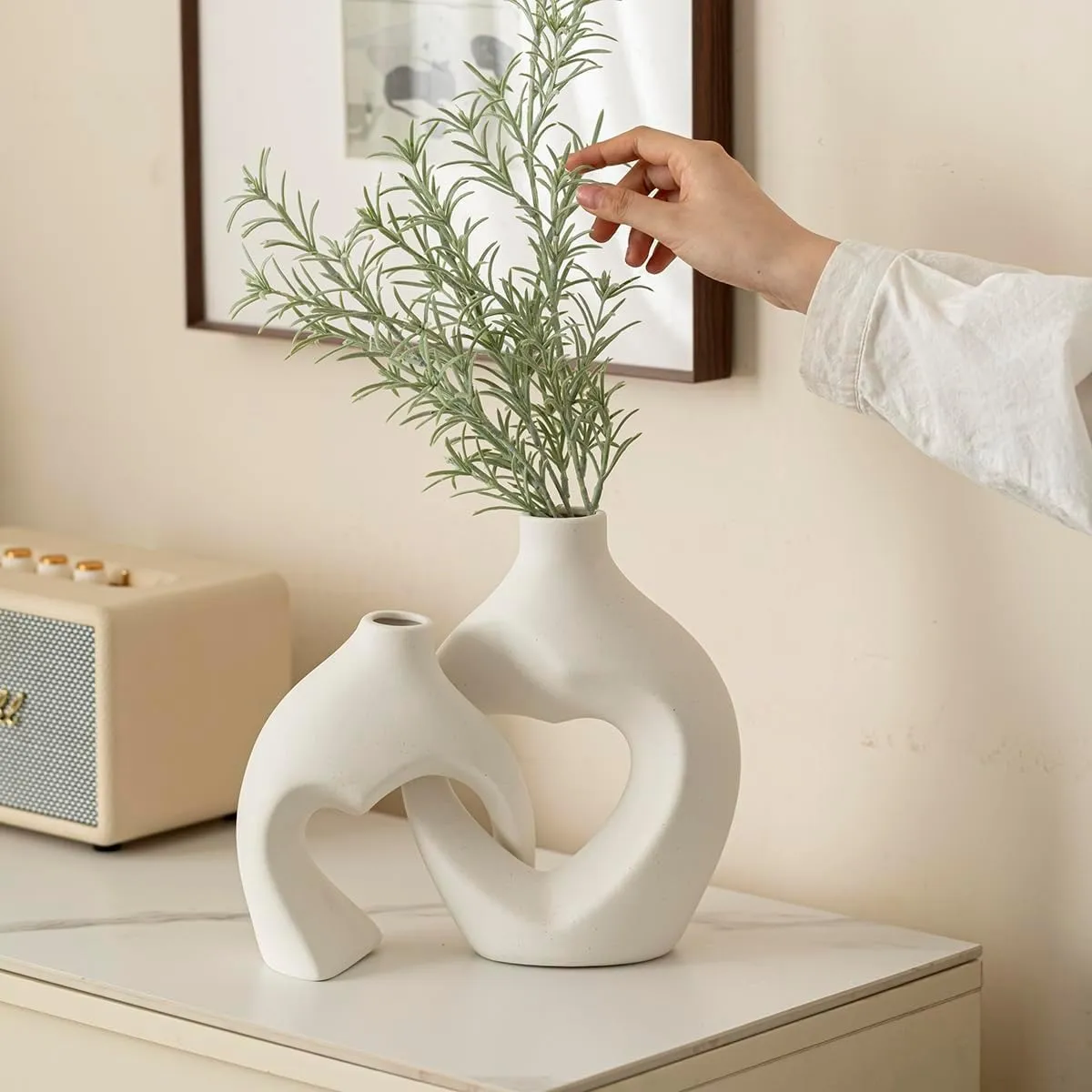 TATEE - Set 2 Florero Jarrón de arenisca 17cm Y 21cm Blanco En forma de corazón
