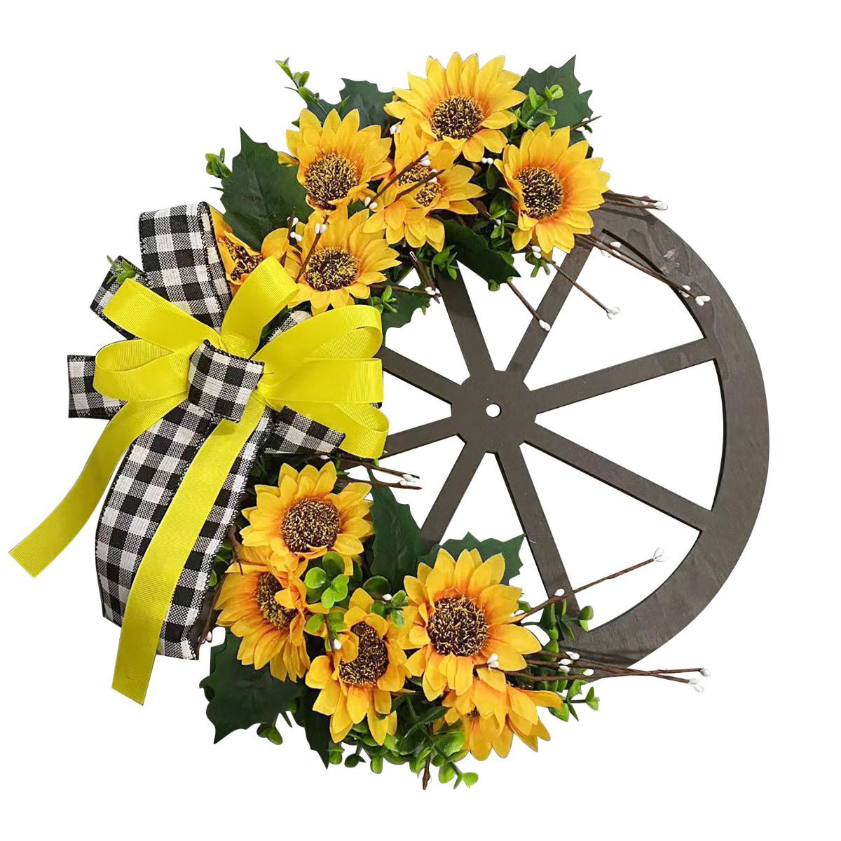 GANGLIAN - Corona Rueda de Madera 47cm con Girasoles y Lazo - Decoración Campestre para Puerta y Pared