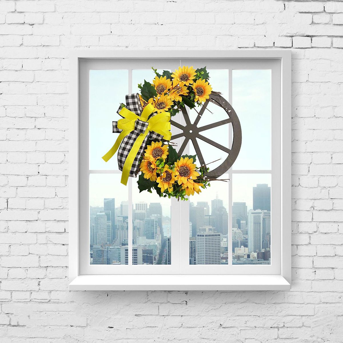 GANGLIAN - Corona Rueda de Madera 47cm con Girasoles y Lazo - Decoración Campestre para Puerta y Pared