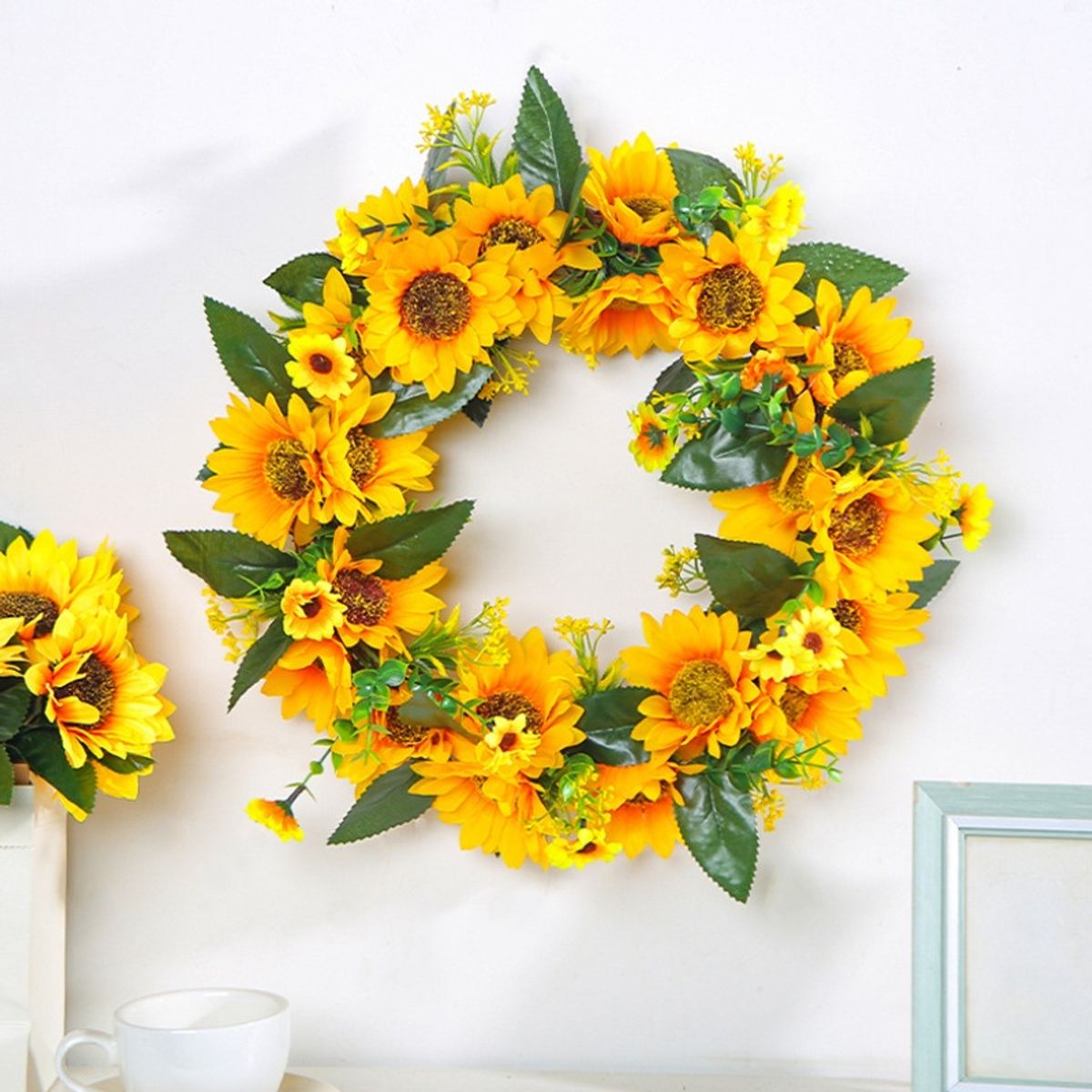 GANGLIAN - Corona Girasoles 40cm Artificiales - Decoración para Pared Jardín y Puerta Todo el Año