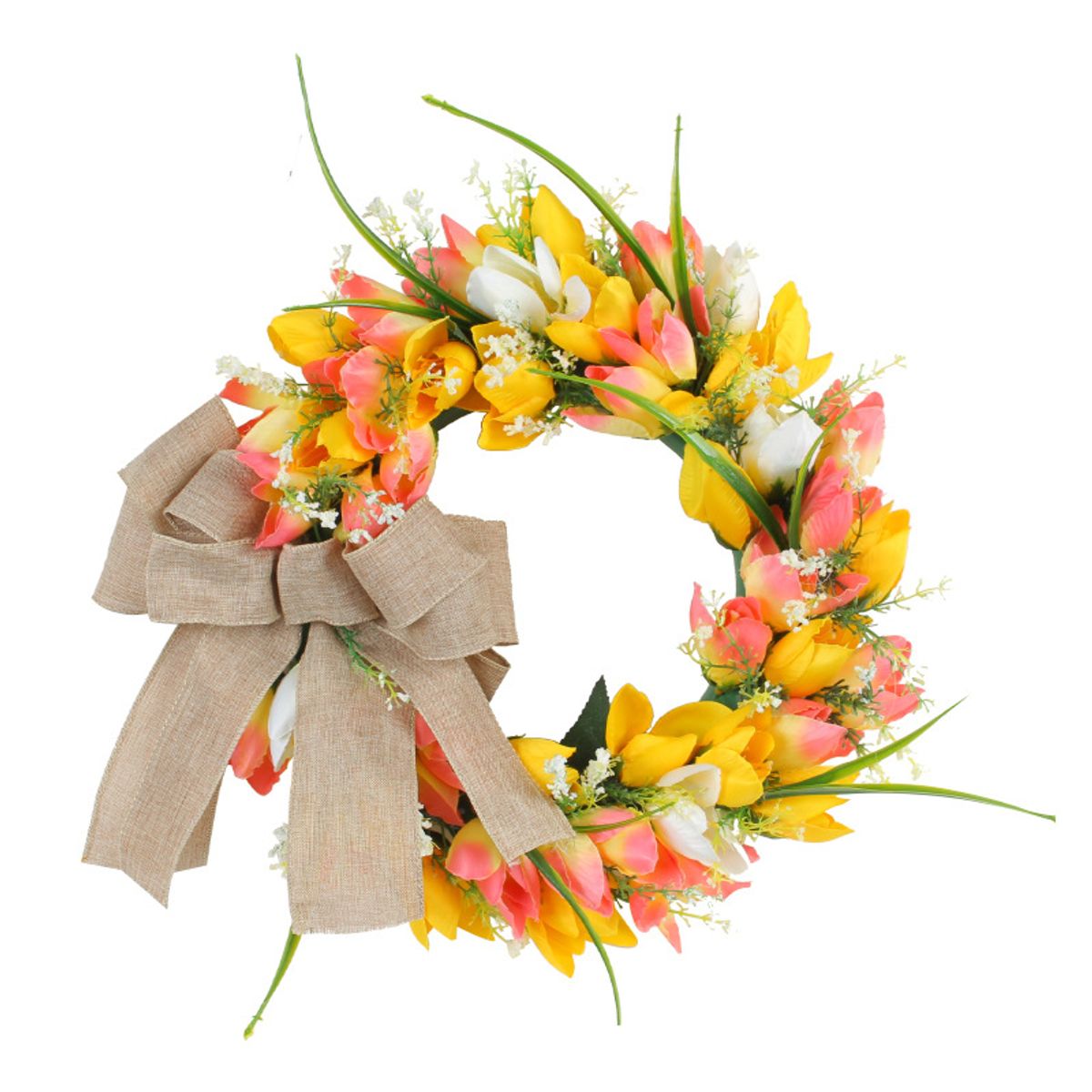GANGLIAN - Corona Tulipanes 35cm Artificial con Lazo - Decoración Clásica para Puerta y Jardín
