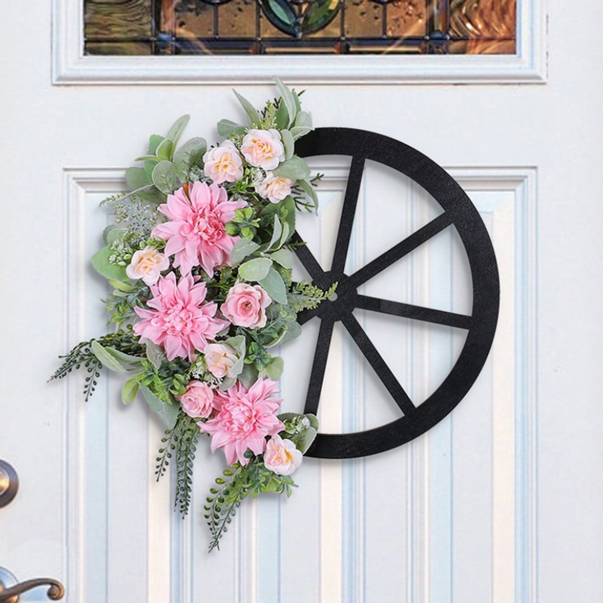 GANGLIAN - Corona Rueda Negra 43cm Flores Rosas - Decoración Rústica para Pared Jardín y Puerta