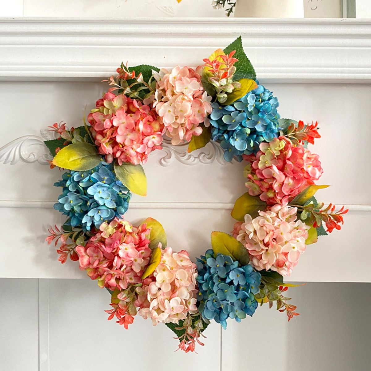 GANGLIAN - Corona Hortensias Tricolor 40cm Artificial - Decoración Reutilizable para Puerta Jardín y Regalo