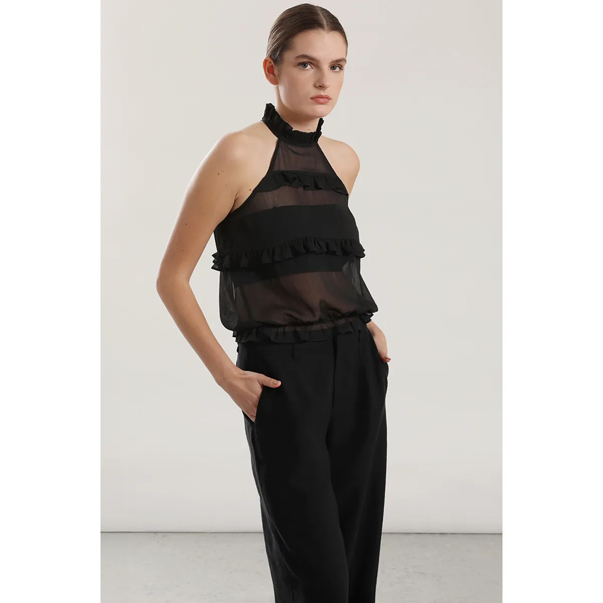 LIOLA - Top halter gasa, volantes mujer Liola beige