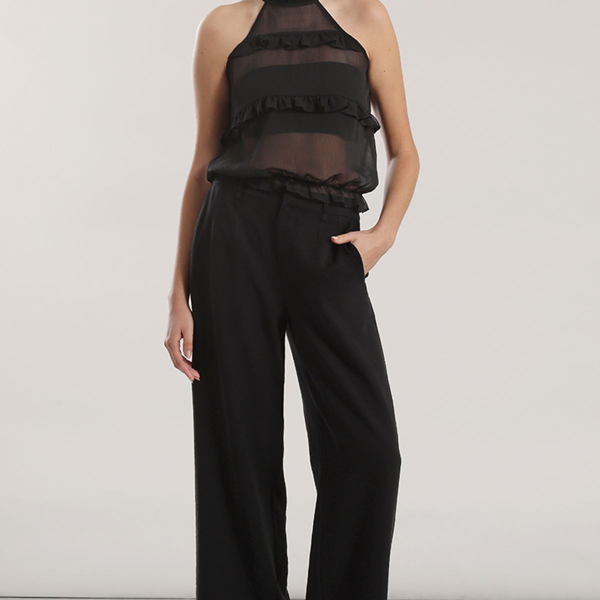 LIOLA - Top halter gasa, volantes mujer Liola beige