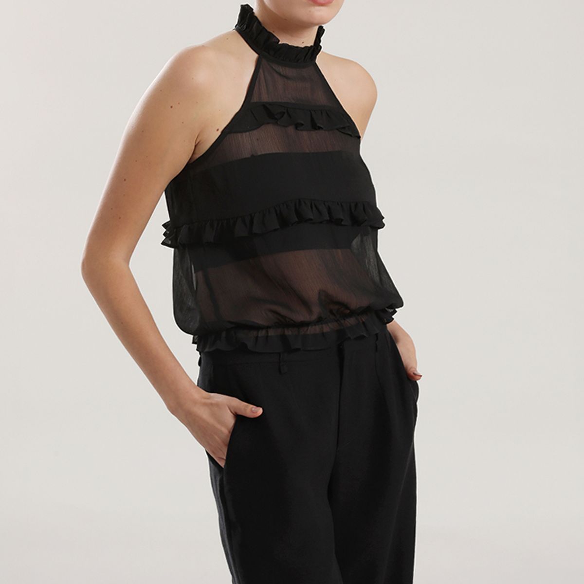 LIOLA - Top halter gasa, volantes mujer Liola beige