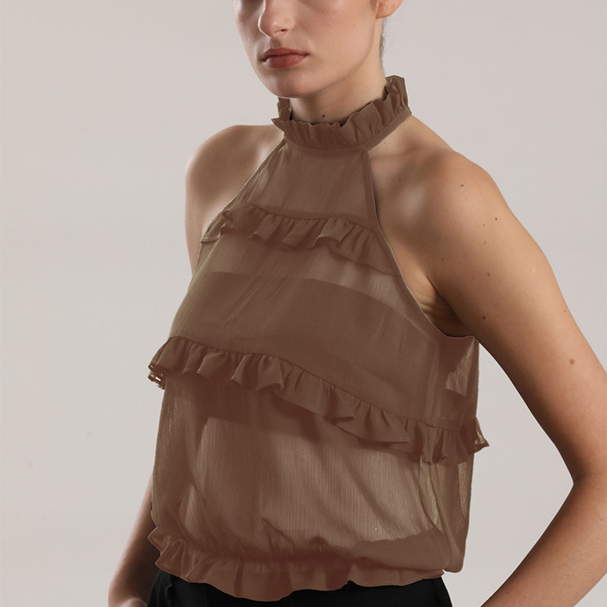 LIOLA - Top halter gasa, volantes mujer Liola beige