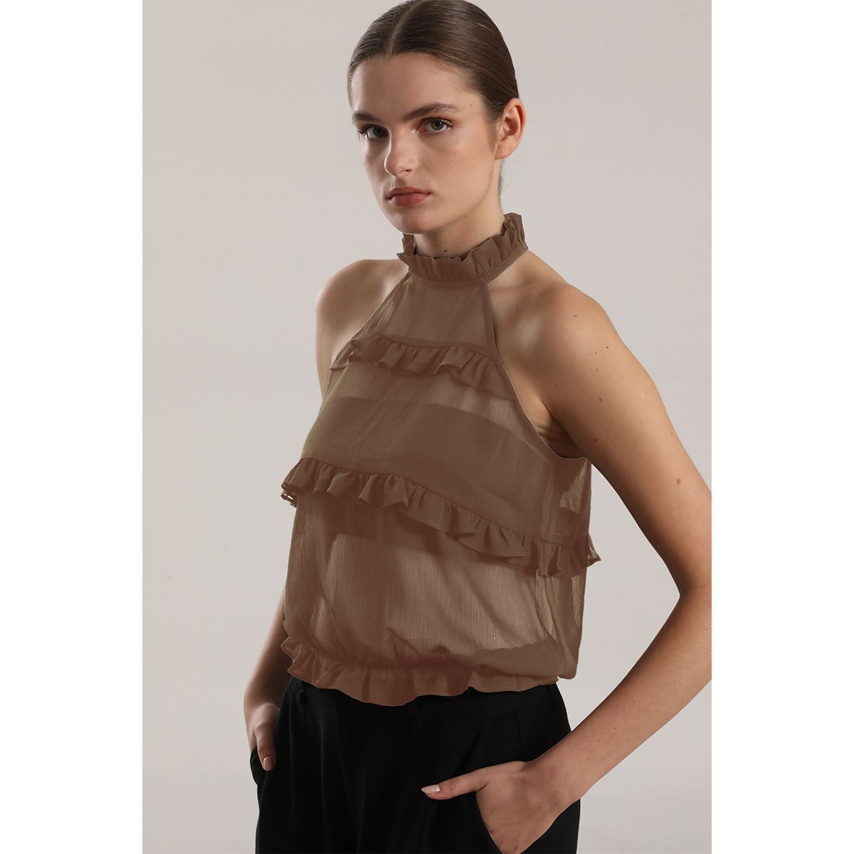 LIOLA - Top halter gasa, volantes mujer Liola beige