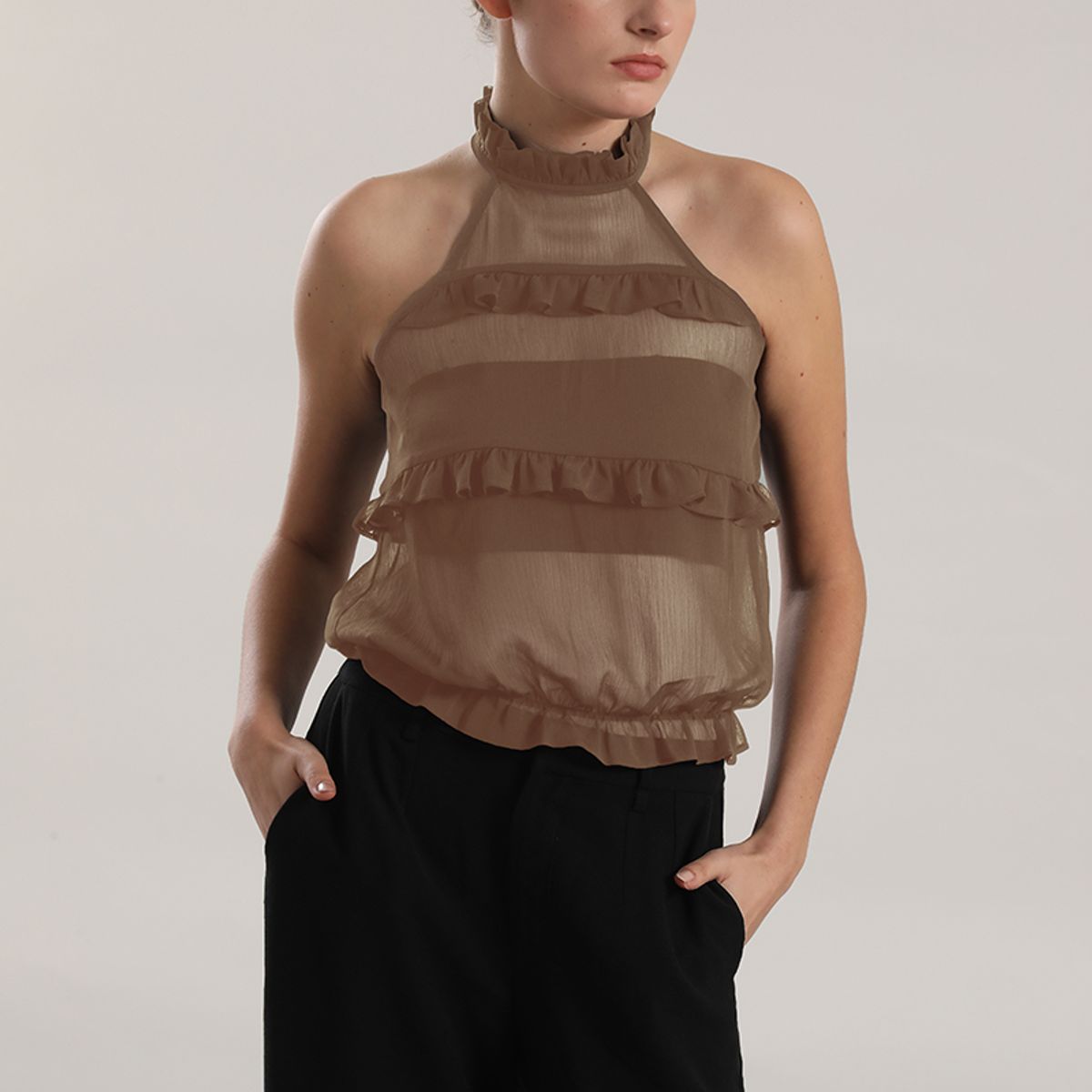 LIOLA - Top halter gasa, volantes mujer Liola beige