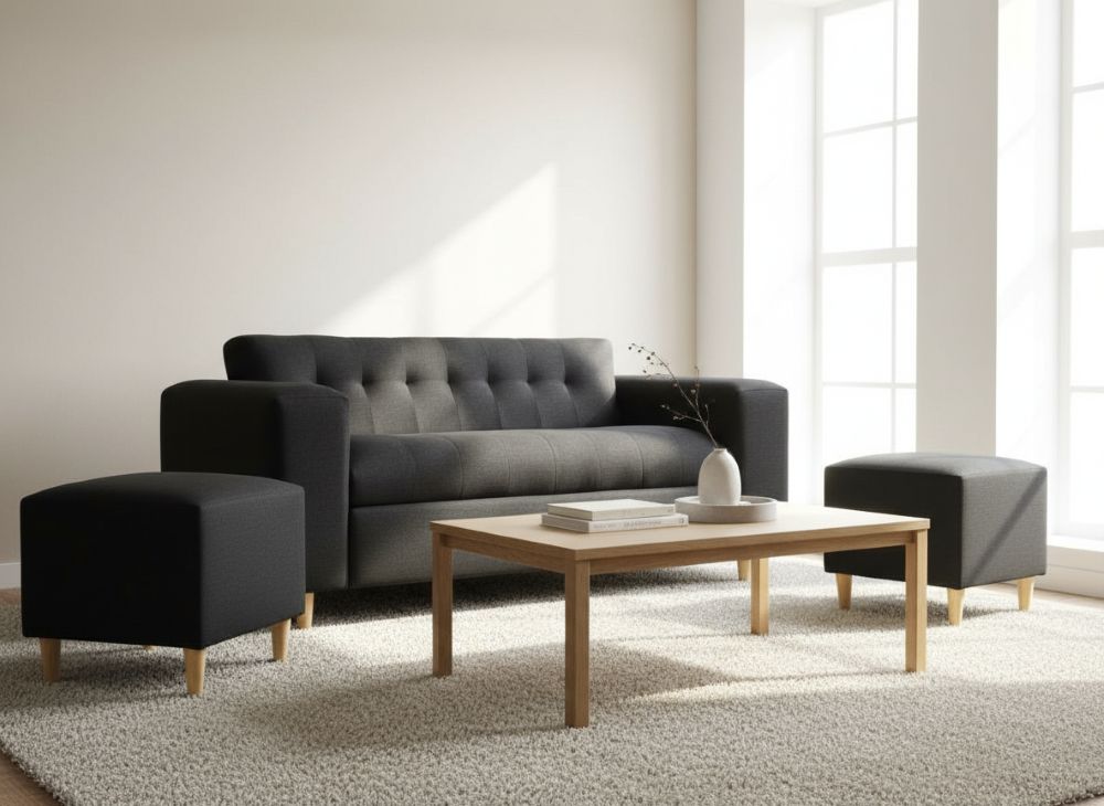 SOFA TRES CUERPOS MAS DOS PUFF NEGRO LINO