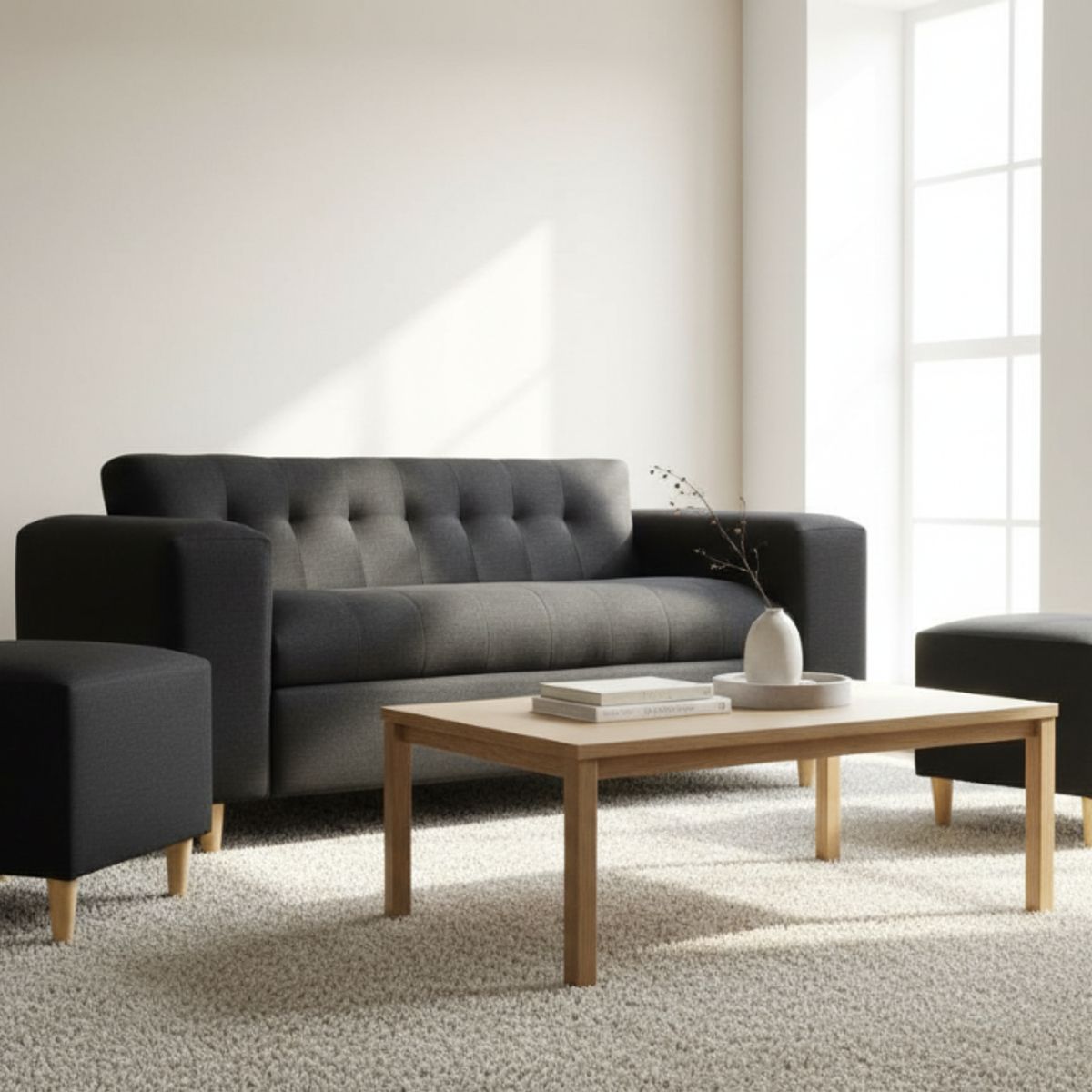 MUEBLES NEW - SOFA TRES CUERPOS MAS DOS PUFF NEGRO LINO