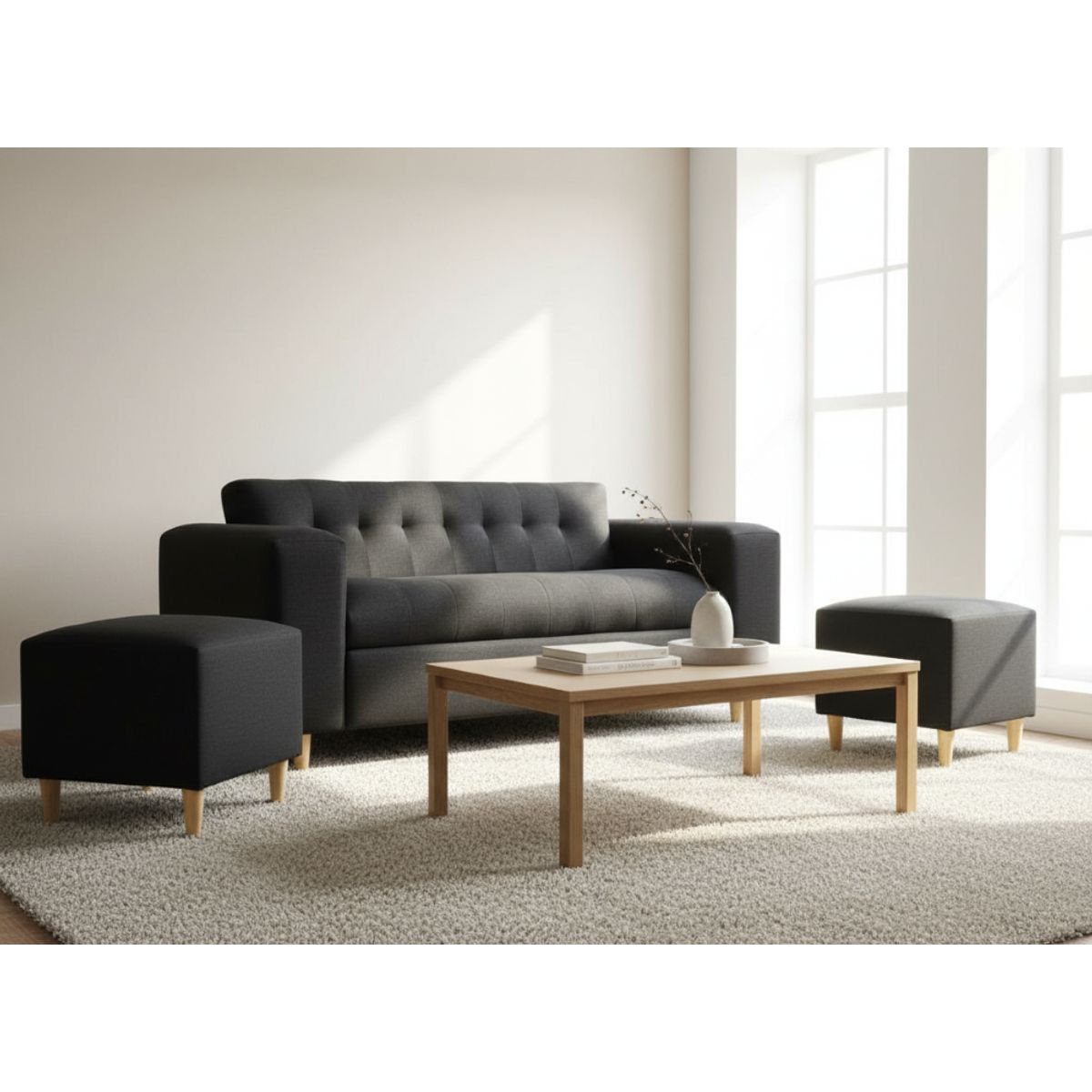 MUEBLES NEW - SOFA TRES CUERPOS MAS DOS PUFF NEGRO LINO
