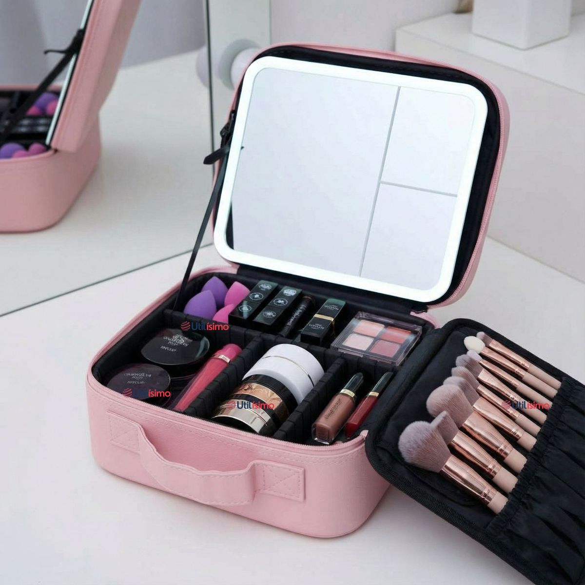 LINE - Estuche Maquillaje 2 en 1 Bolso Cosmetiquero con Espejo Luz Led Organizador
