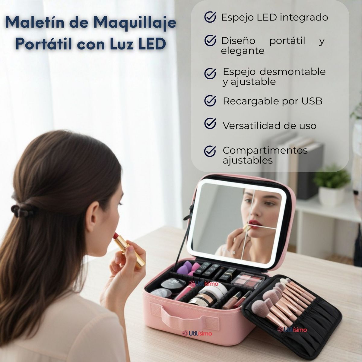 LINE - Estuche Maquillaje 2 en 1 Bolso Cosmetiquero con Espejo Luz Led Organizador