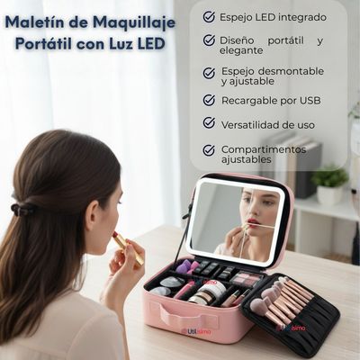 Imagen 2 del producto Estuche Maquillaje 2 en 1 Bolso Cosmetiquero con Espejo Luz Led Organizador