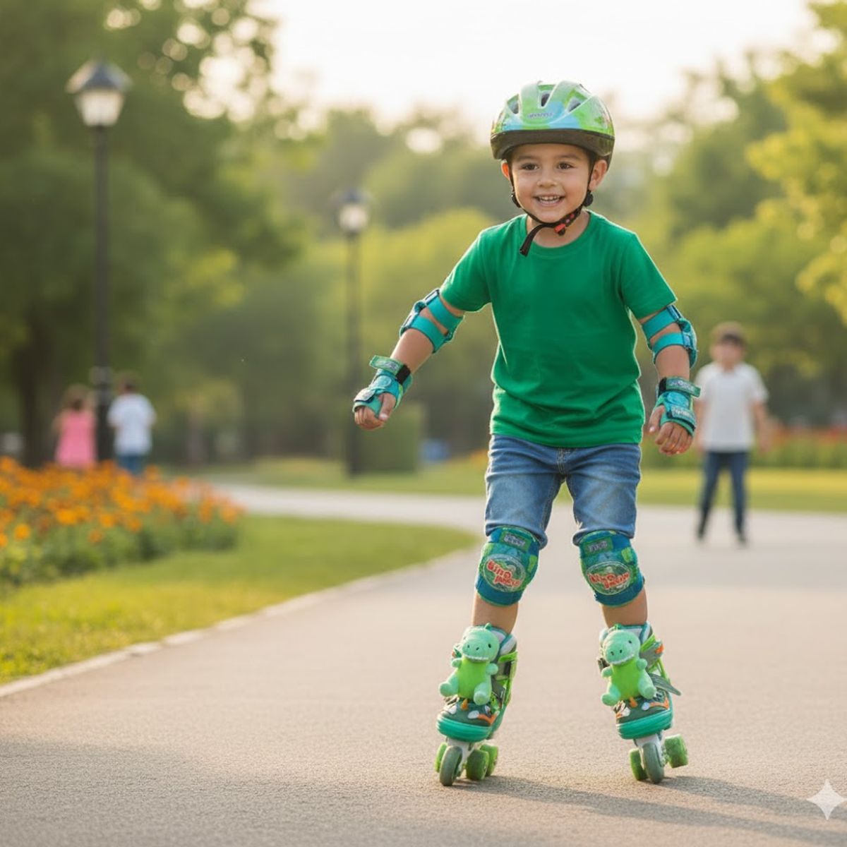 GENERICO - PATIN DE 4 RUEDAS PARA NIÑOS DINOPATIN VERDE CON ACCESORIOS TALLA S DEL 30 AL33