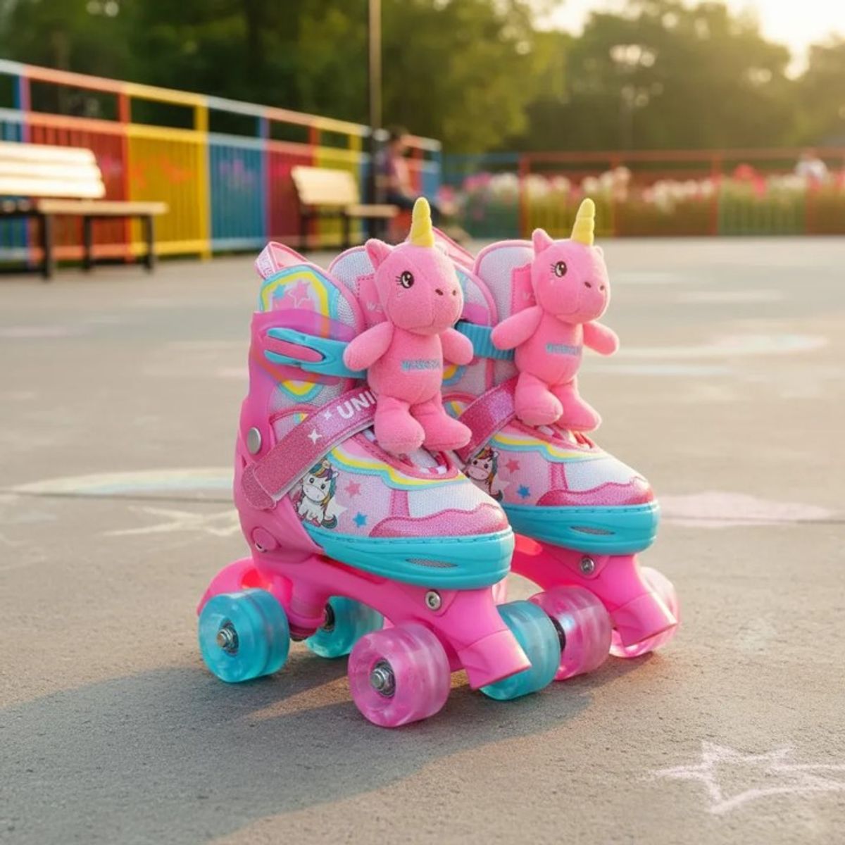 GENERICO - PATIN DE 4 RUEDAS PARA NIÑAS DINOPATIN ROSA UNICORNIO CON ACCESORIOS TALLA S DEL 30 AL33