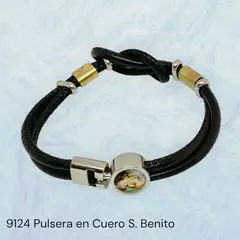 GENERICO - Brazalete de cuero y metal para varón con imagen de San Benito