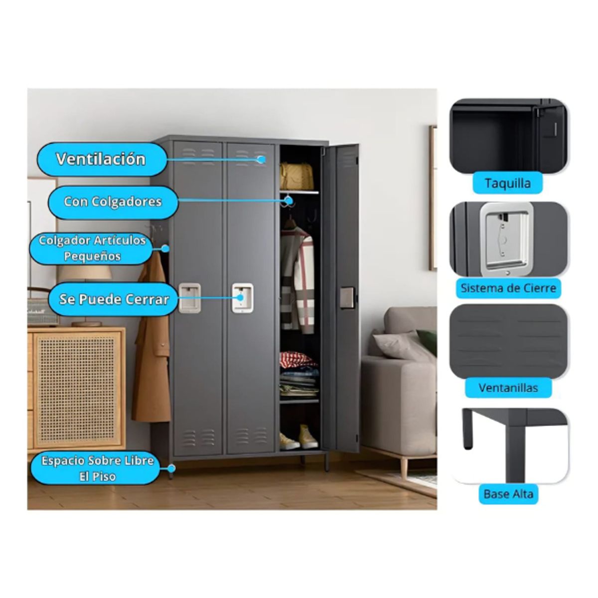 GENERICO - Locker Casillero Metalico 3 Cuerpos 3 Puertas 40x90x183cm