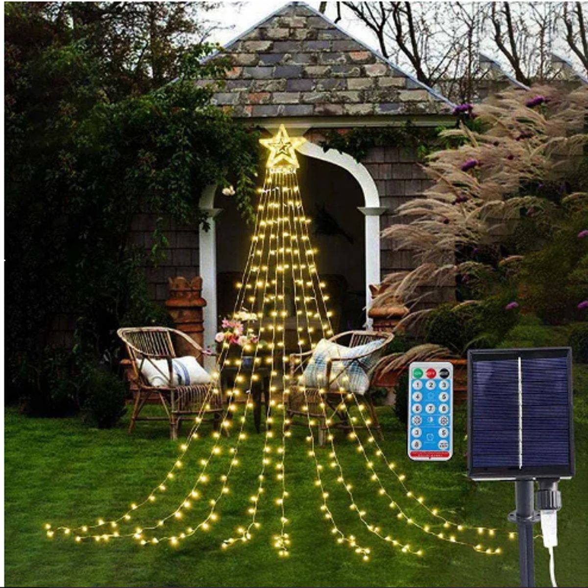 GENERICO - Luz Cascada Tipo Árbol Navidad Amarillas Solar Con Estrella
