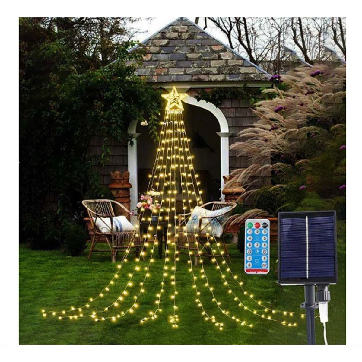 GENERICO - Luz Cascada Tipo Árbol Navidad Amarillas Solar Con Estrella