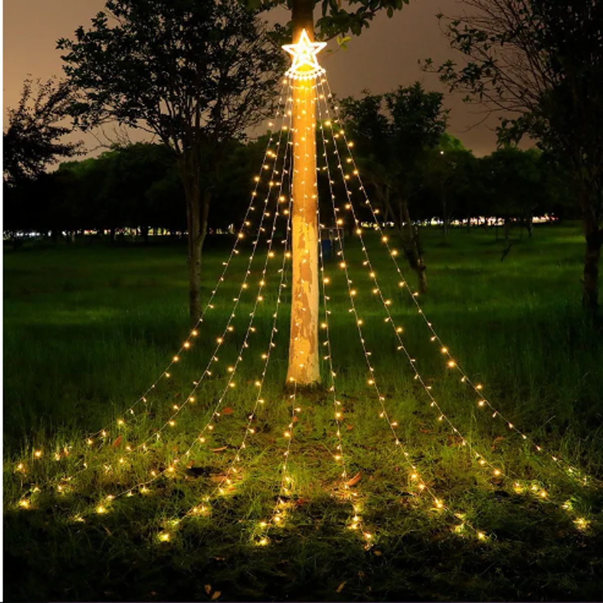 GENERICO - Luz Cascada Tipo Árbol Navidad Amarillas Solar Con Estrella