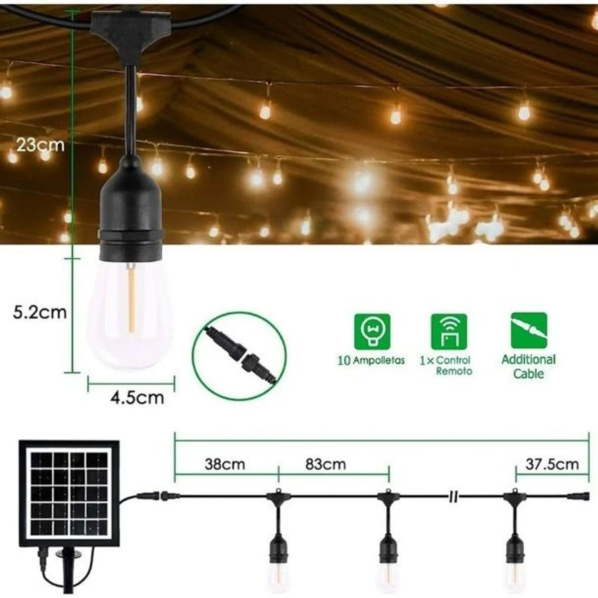 GENERICO - Guirnalda Panel Solar Con 10 Ampolletas Led 10 Metros Luces