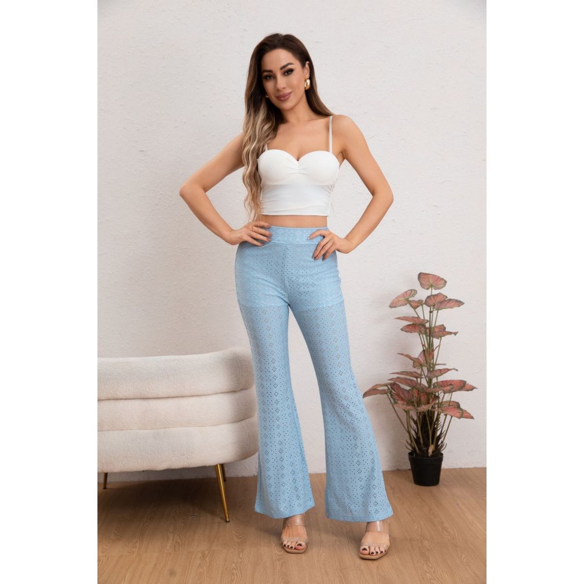 LIKE SHOP - Pantalón Flare Playero Mujer Broderie Juvenil Verano 5007