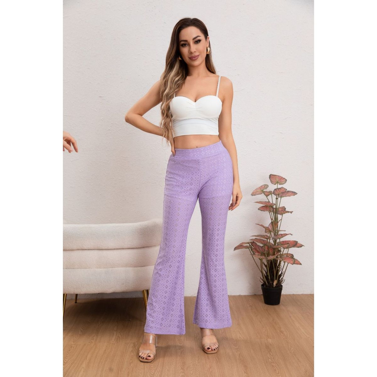 LIKE SHOP - Pantalón Flare Playero Mujer Broderie Juvenil Verano 5007