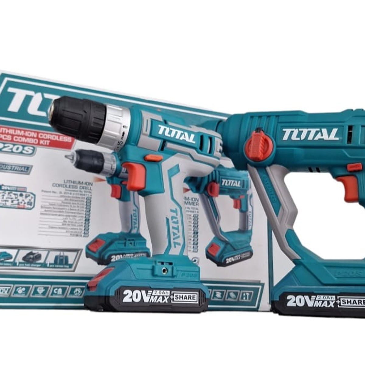 TOTAL - Kit Taladro + Rotomartillo Inalámbrico 20V Total
