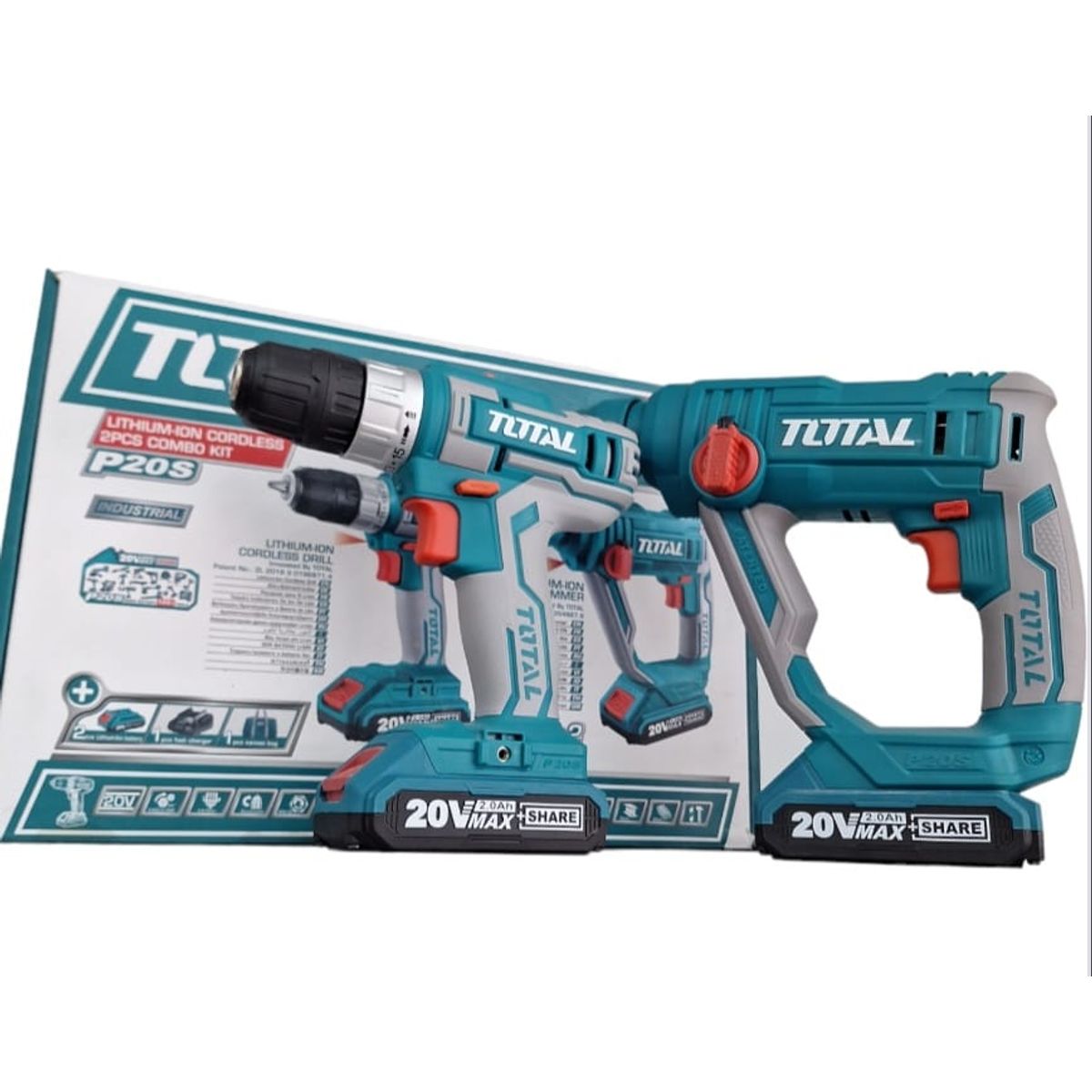 TOTAL - Kit Taladro + Rotomartillo Inalámbrico 20V Total