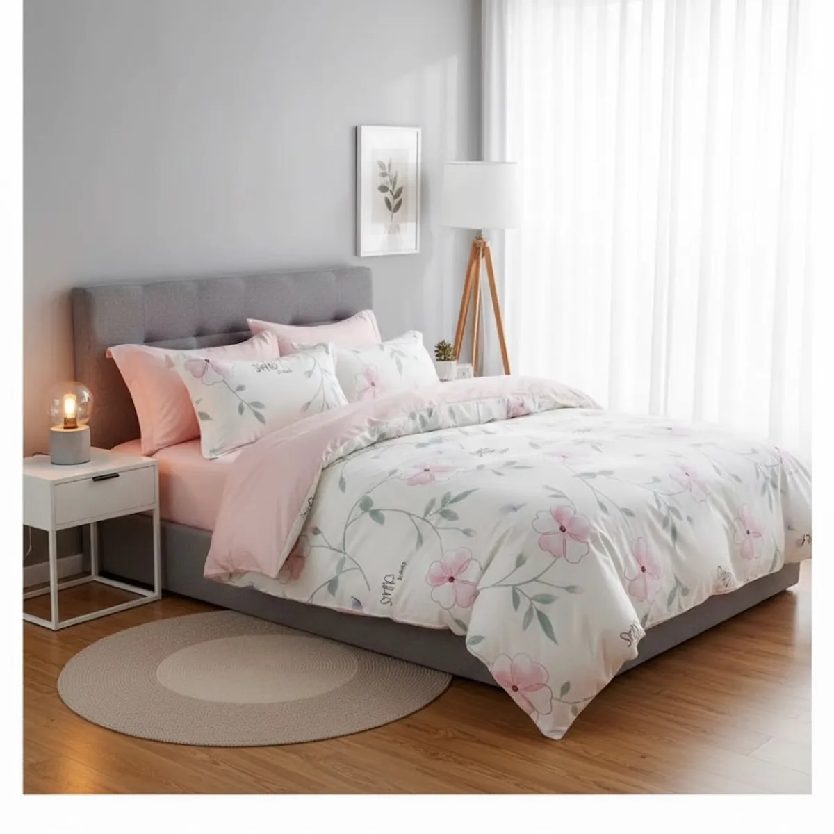 GENERICO - CUBRECAMA QUILT DE VERANO DELGADO DISEÑO BLANCO FLORES ROSAS 1.5 PLAZA 100% ALGODON