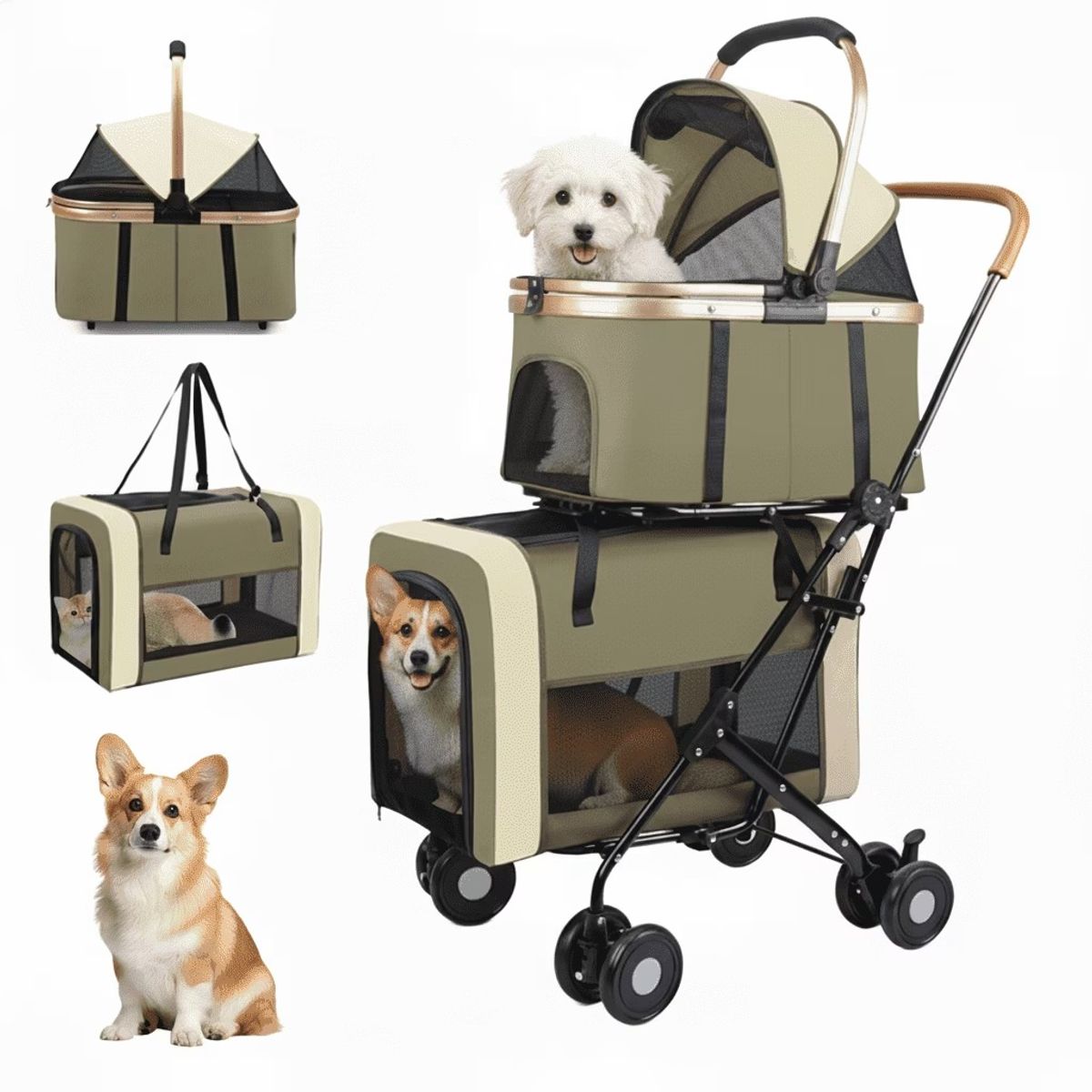 HOOPET - Coche De Transporte Doble Para Mascotas Perros y Gatos Verde Musgo