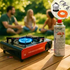 LINE - Cocina Portátil Cocinilla Camping + Kit de Instalación y Lata de Gas