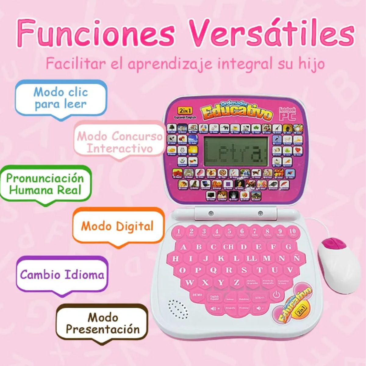 GENERICO - COMPUTADOR DIDACTICO INGLES- ESPAÑOL  ROSADO