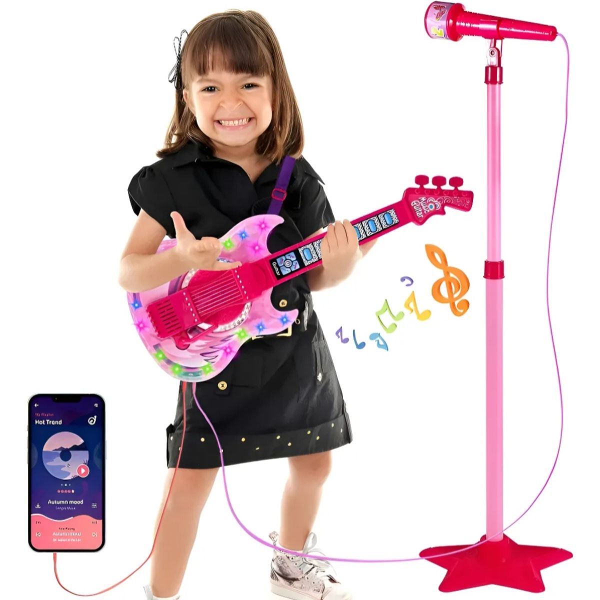 GENERICO - Set Guitarra Microfono Pedestal Juguete Mp3 Luces Rosada