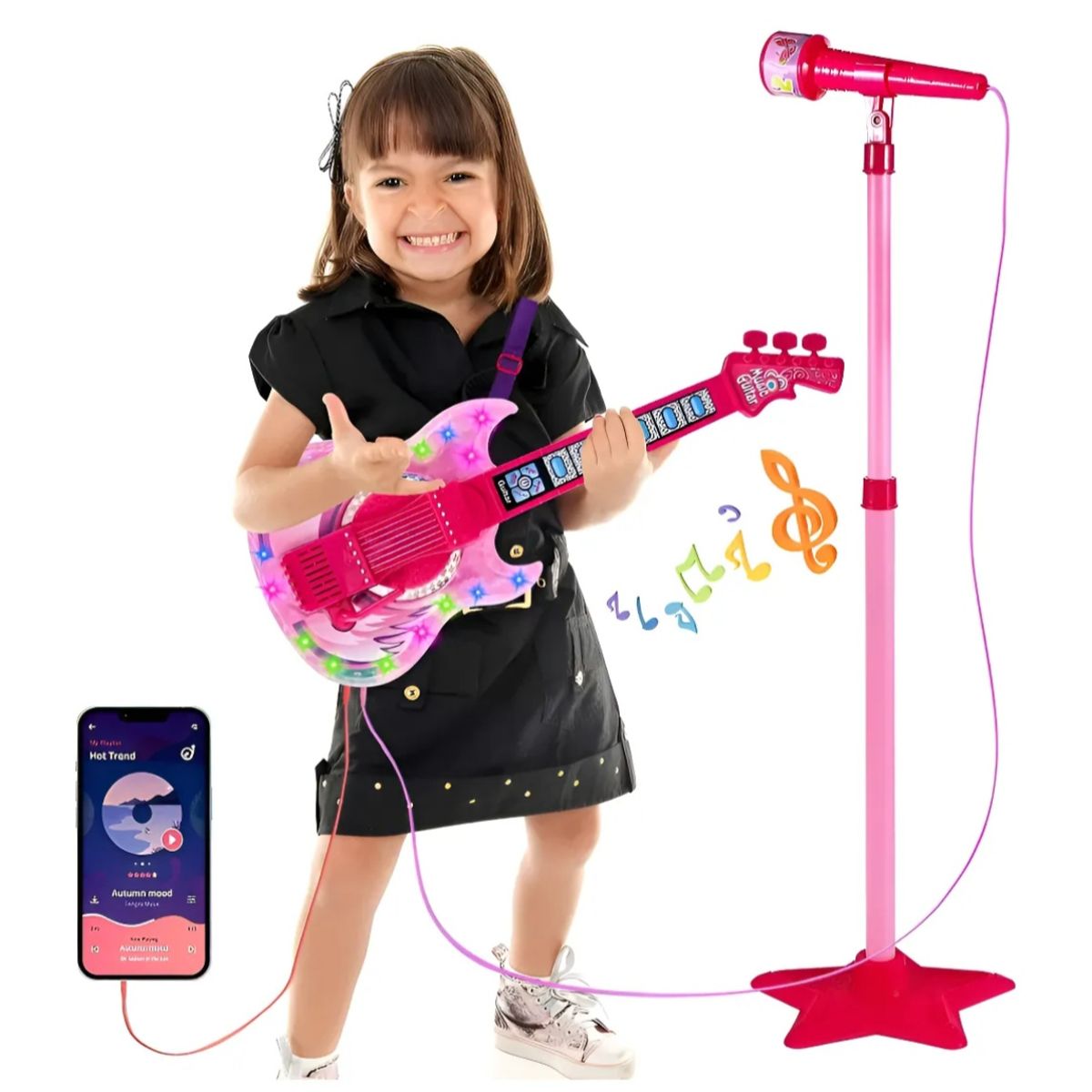 GENERICO - Set Guitarra Microfono Pedestal Juguete Mp3 Luces Rosada