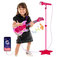 GENERICO - Set Guitarra Microfono Pedestal Juguete Mp3 Luces Rosada